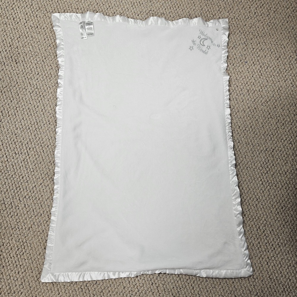Little Me Welcome to the World White Gray Moon and Stars Baby Blanket 30 x 40"